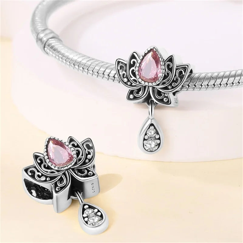 Classic 925 Sterling Silver Pink Retro Heart Shape Lotus Angel Butterfly Charms Beads Fit 3mm Original Bracelets DIY Jewelry