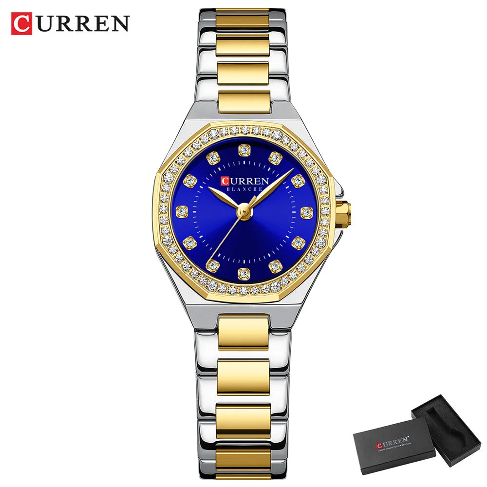CURREN Luxury Elegance Watch for Women Simple Quartz Wristwatches with Sparkling Rhinestones Stainless Steel Bracelet Waterproof
