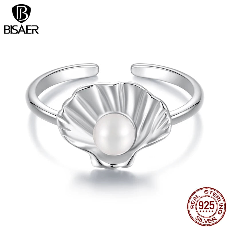 BISAER Bague ouverte en argent sterling 925 avec coquillage et perle, taille réglable 5 à 9, bande plaquée or blanc pour femme, bijoux fins de fête ECR1077