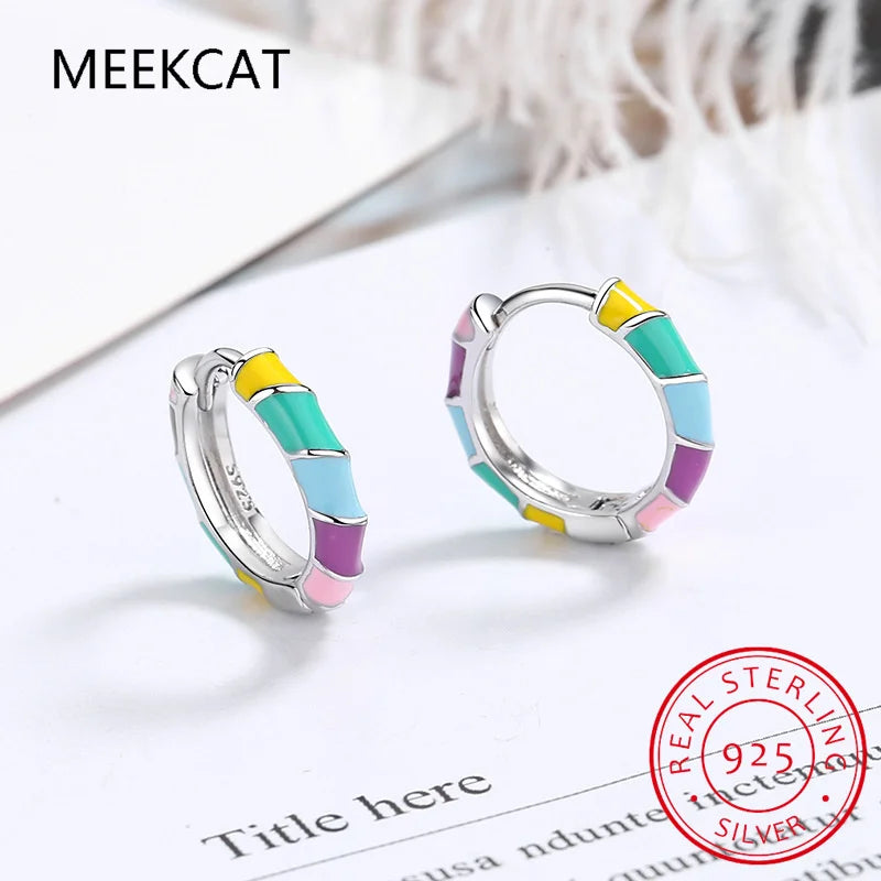 925 Sterling Silver Colorful Enamel Round Ear Buckles for Women Rainbow Glaze Twist Hoop Earring Huggies Fine Jewelry Gift
