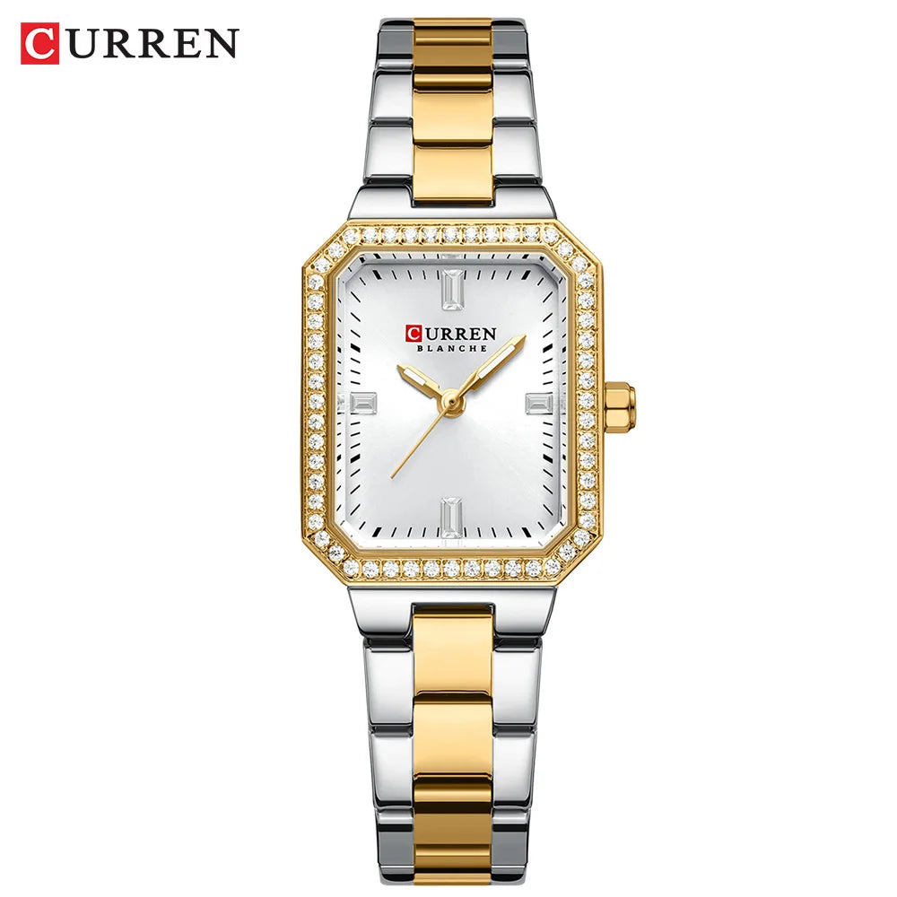 CURREN Luxurious Elegant Women's Watches Classic Rectangular Dial with Rhinestones Luminous Hands Waterproof