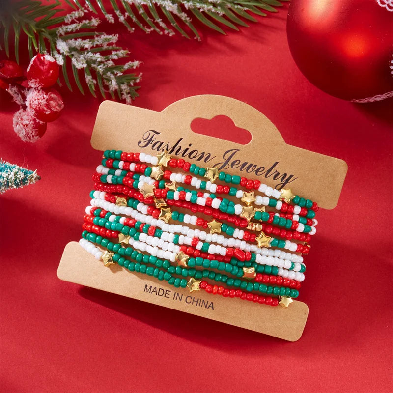 Multilayer Christmas Rice Beads Beaded Bracelet Set For Women Santa Claus Xmas Tree Crystal Polymer Clay Beads Bracelets Jewelry