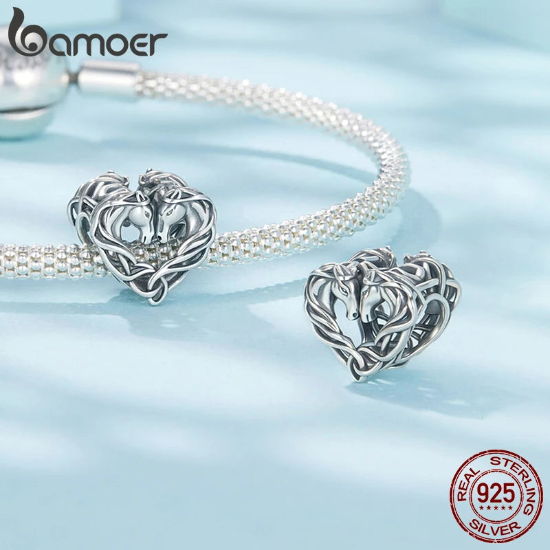 BAMOER 925 Sterling Silber Doppelpferde-Knotenperlen Retro-Herzanhänger für Damen Halskette DIY Schmuckzubehör