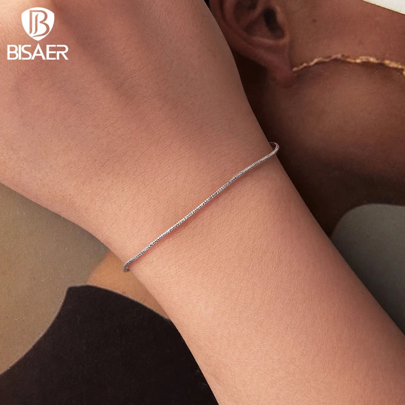 BISAER 925 Sterling Silver Sparkling Chain Bracelet Classic Chopin Chain Plated White Gold for Women Charm Bead DIY Fine Jewelry