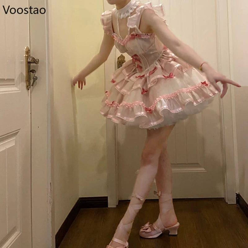 Sweet Lolita Princess Dress Women Sweet Bowknot Ruffles Evening Party Mini Dresses Japanese Harajuku Vintage Kawaii Y2k Vestidos