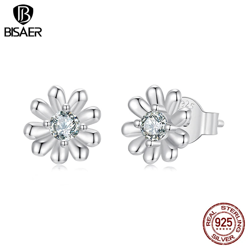 Boucles d'oreilles à tige en argent sterling 925 avec marguerite en moissanite BISAER, fleurs en fleurs, pour femmes, fiançailles, mariage, bijoux fins