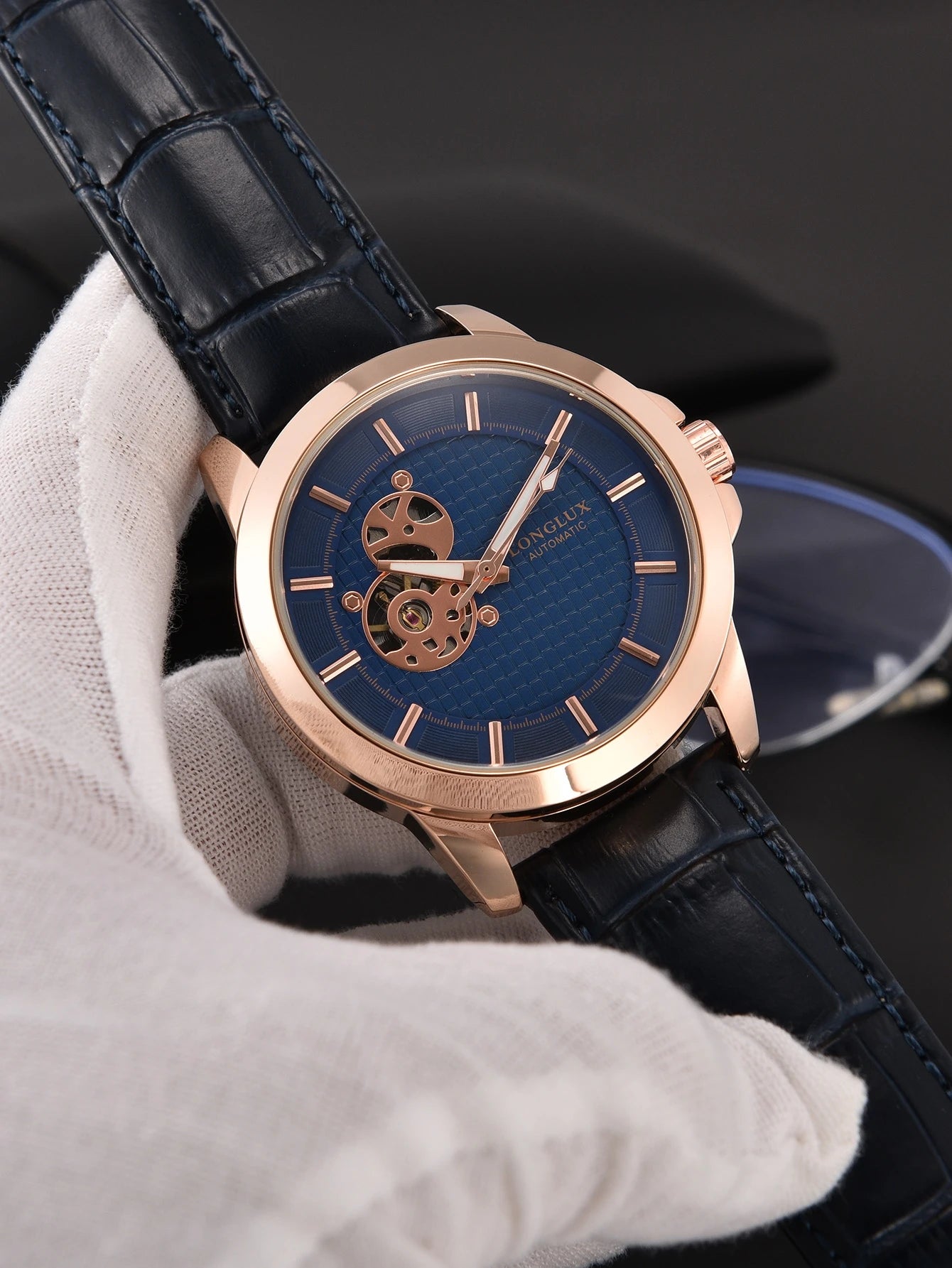 LONGLUX automatic watch Luxury elegant retro skeleton waterproof mechanical watches rose gold leather mens watch gift for you
