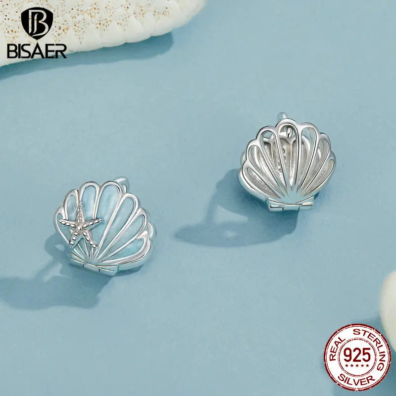 BISAER 925 Sterling Silver Shell Ear Buckles Bule Enamel Stud Ear Plated White Gold for Women Party Fine Jewelry Holiday Gift