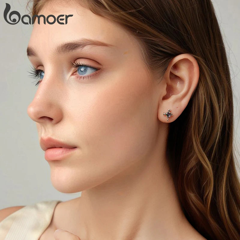 BAMOER 925 Sterling Silver Retro Cross Stud Earrings Transparent Glass Heart Earrings Screws Shape Punk Girl Women Birthday Gift