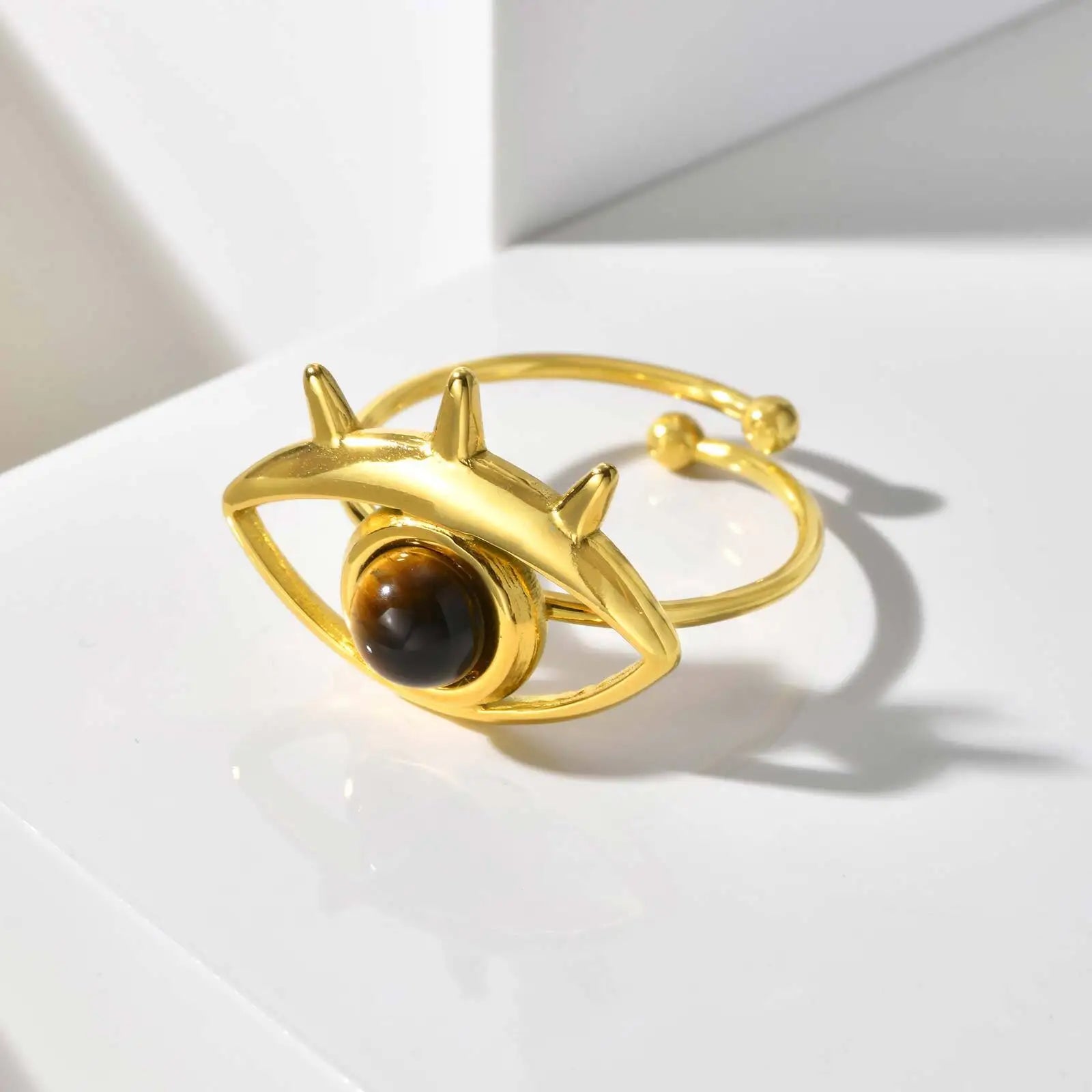 Vnox Brown Stone Eye-shaped Stainless Steel Rings Irregular Opening Trendy Rings  For Women Stone Finger Jewelry Never Lose