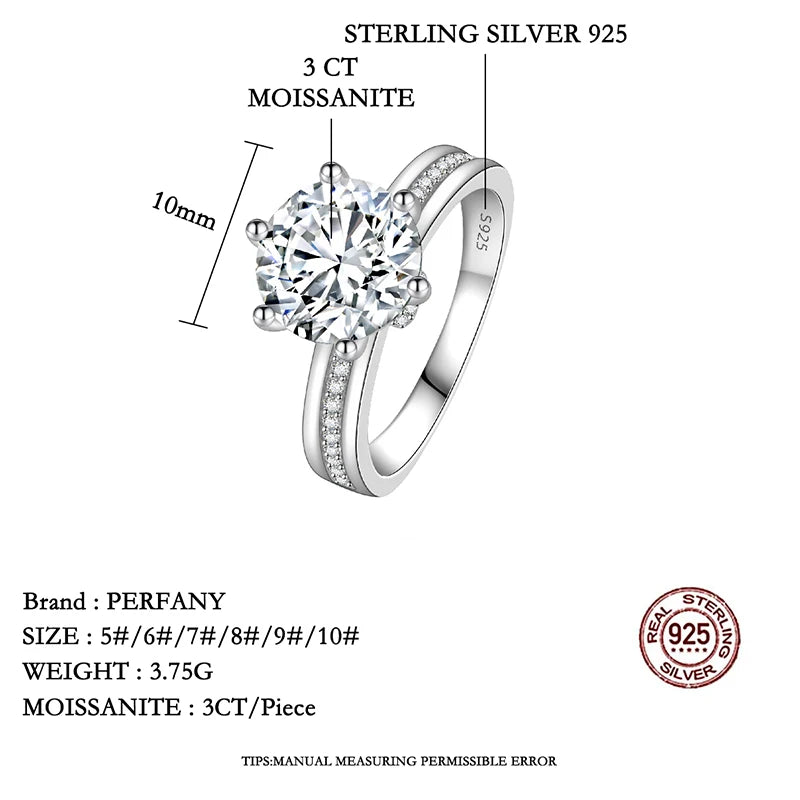 PERMANY 3CT Moissanite Ring For Women S925 Pure Silver Wedding Ring GRA Certified Laboratory Diamond Wedding Luxury Jewelry