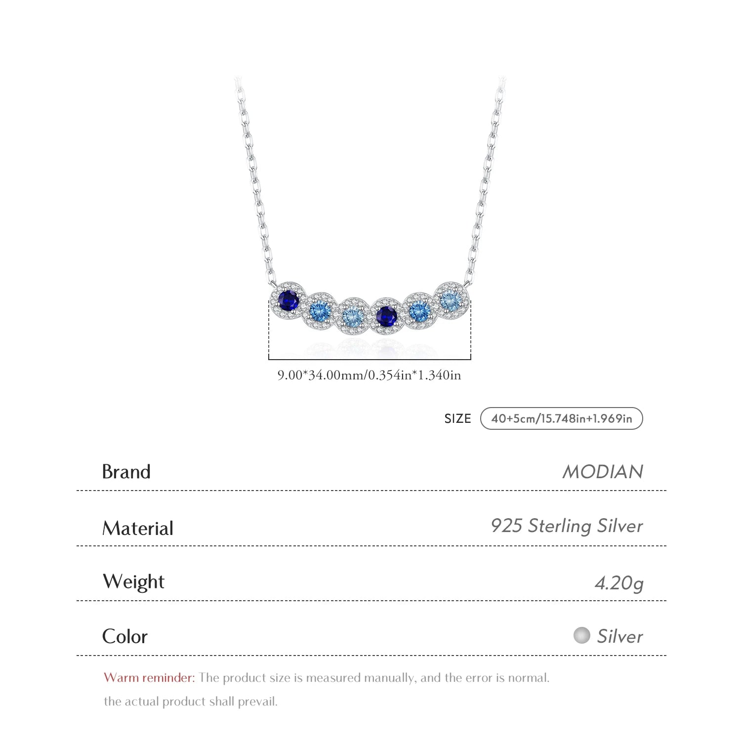 MODIAN Solid 925 Sterling Silver Fashion Simple Gradient Blue Round Zirconia Pendant Necklace For Women Daily Fine Jewelry