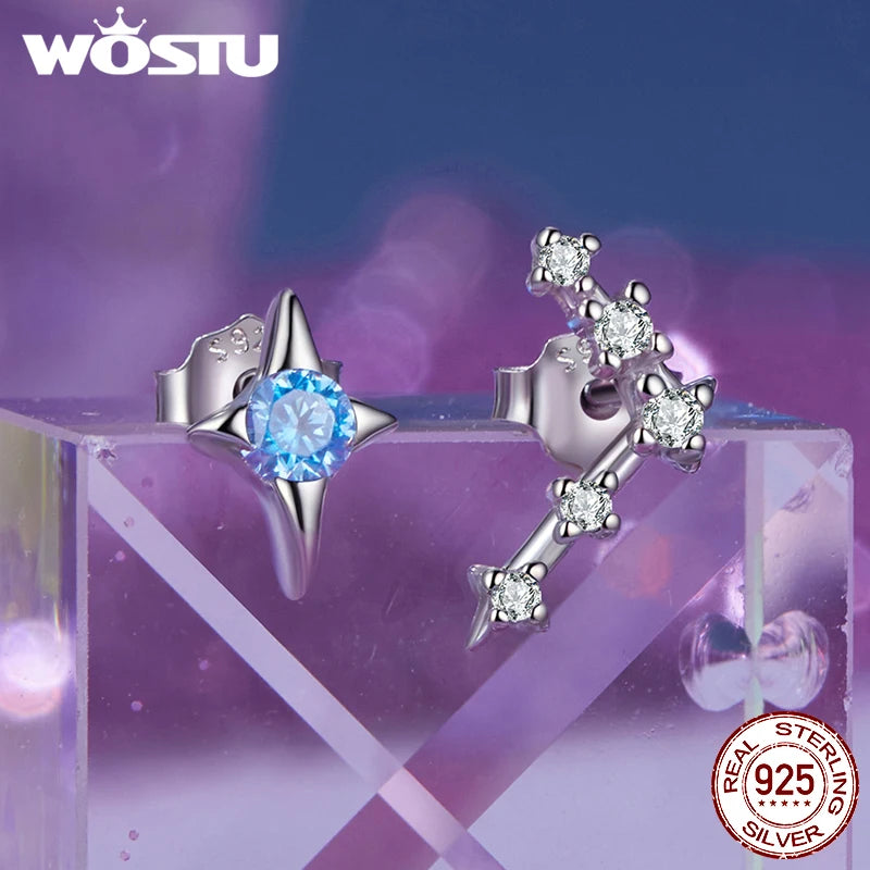 WOSTU 925 Sterling Silver Zircon Constellation Horoscope Stud Earrings For Women Asymmetrical Colorful Ear Studs Party Jewelry
