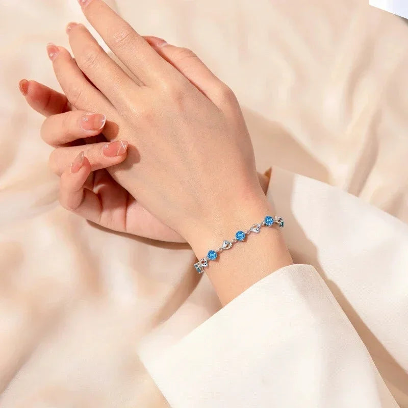 925 Sterling Silver Heart Shaped Necklace Bracelet Set for Women Vintage Korean Crystal Bracelets High Quality Set Party Jewelry - Madeinsea©