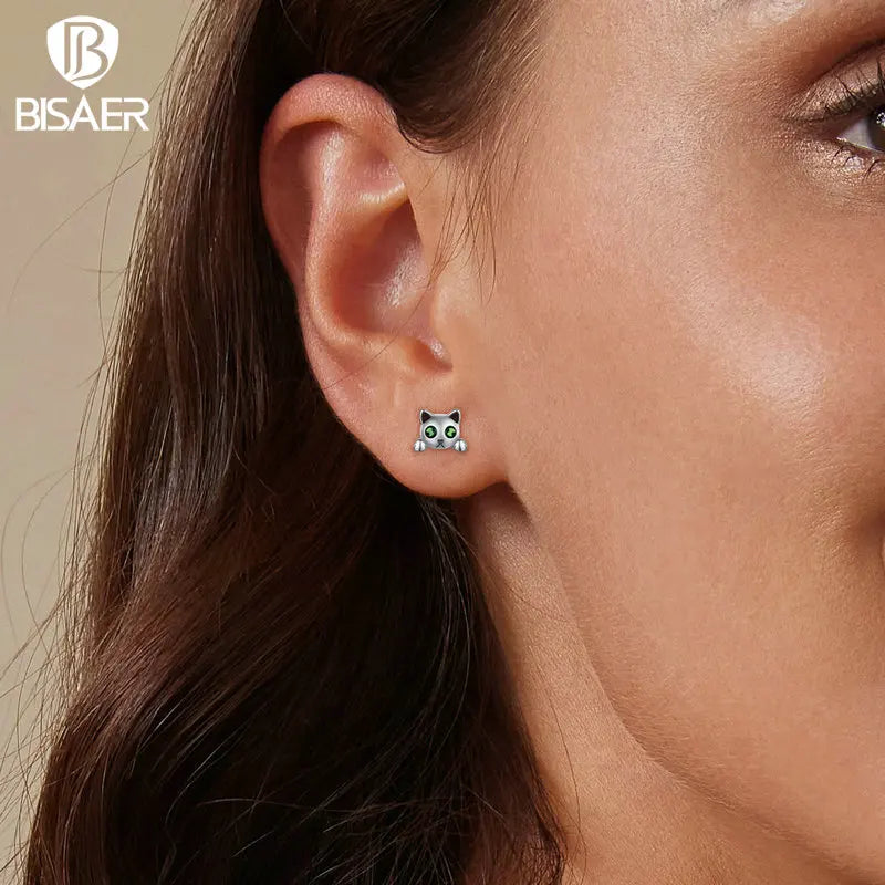 BISAER Boucles d'oreilles à tige en argent sterling 925 en forme de chat mignon qui brillent dans le noir Boucles d'oreilles lumineuses pour femmes Fête Bijoux fins Cadeau ECE1643