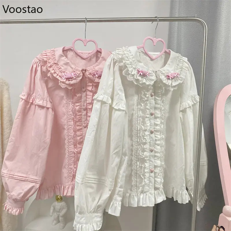 Japanese Cute Lolita Blouses Women Kawaii Candy Peter Pan Collar JK Shirt Tops Girls Sweet Lace Ruffles Puff Sleeve Chic Blouse