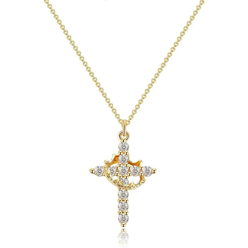 Stainless Steel Rotatable Crown Cross Pendant Necklace for Women Shiny Rhinestone Cross Metal Choker Christian Prayer Jewelry