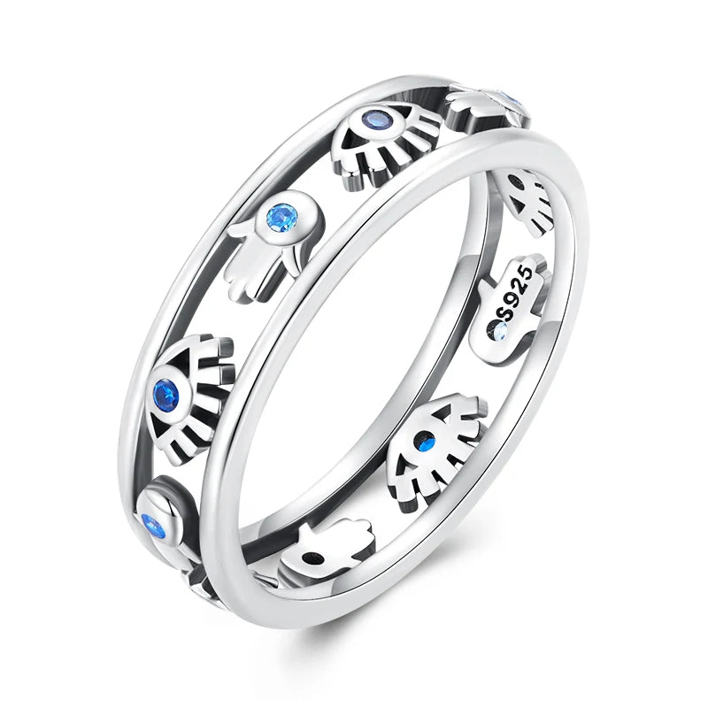 BISAER 925 Sterling Silver Blue Evil Eyes & Hand Fatima Ring Hollow Symbol Lucky Band For Women Party Original Fine Jewelry Gift