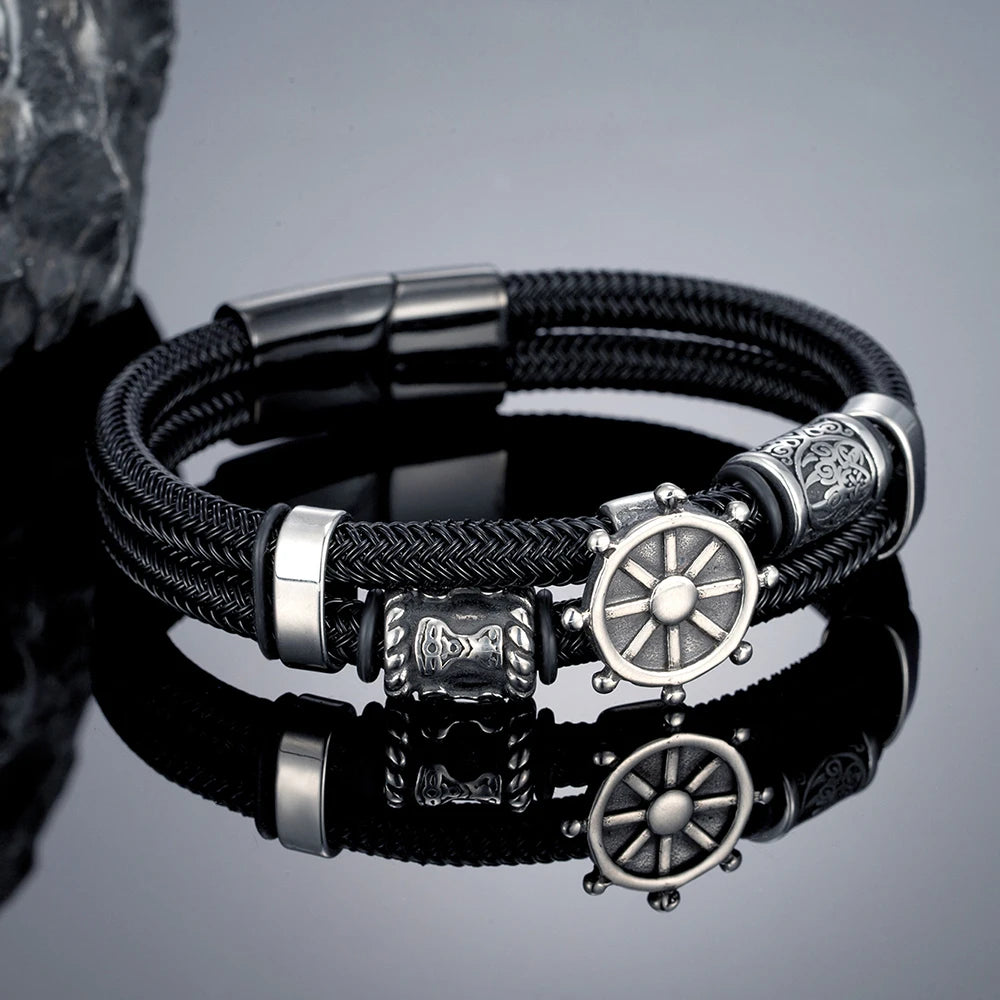 MKENDN Norse Mythology Viking Rudder Runes Amulet Bracelet for Men Stainless Steel Non-fading Steel Wire Rope Bracelets Gifts