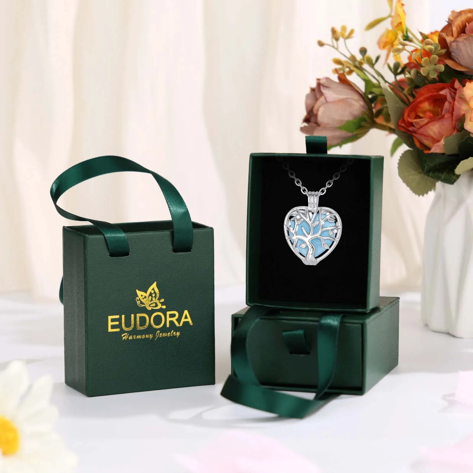 Collier Eudora Arbre de Vie Cage Coeur Obsidienne Énergie Guérison Cristal Pierre Pendentif Spirituel DIY Bijoux Pierre de Lune Cadeau