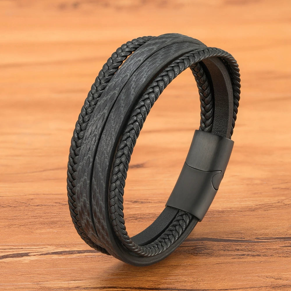 TYO Stylish Feather Pattern Design Multilayer Braid Leather Mens Bracelet Stainless Steel Magnetic Clasp Bangles Jewelry Gift