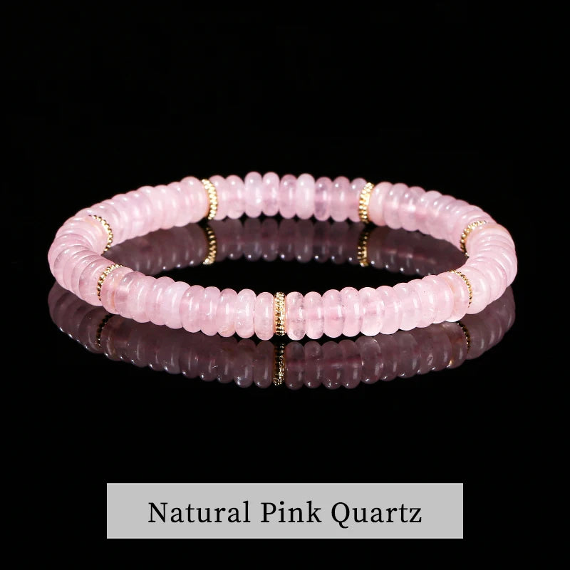 JD Natural Stone Green Aventurine Pink Quartz Flat Spacer Beads Bracelet Women Men Bohe Elastic Bangles Healing Friendship Gift - Madeinsea©