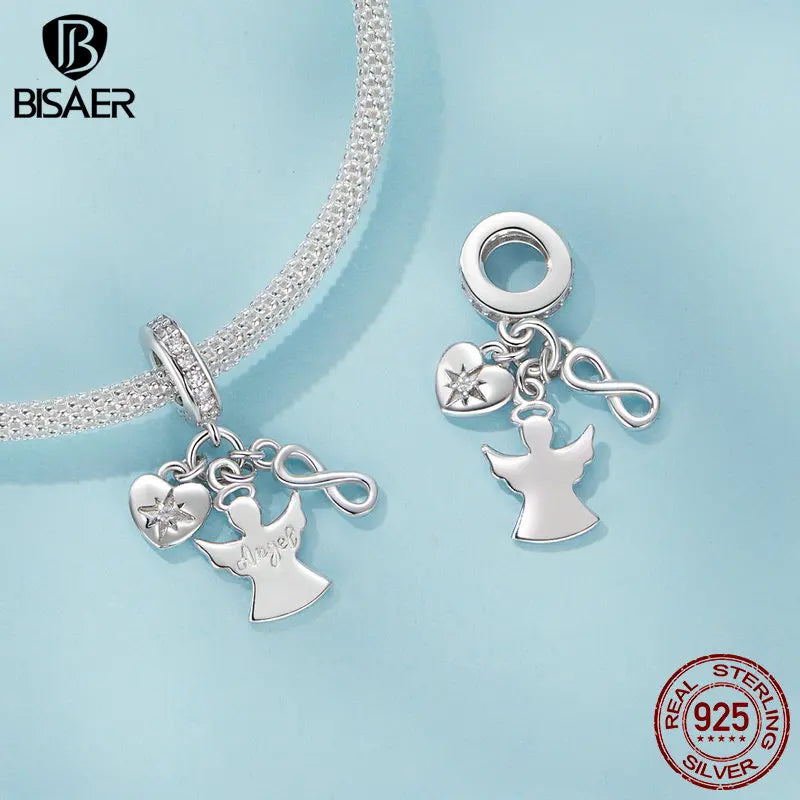BISAER 925 Argent Sterling Ange Gardien Charm Perle Tulipe Coeur Clé Noeud Bouchon Pendentif Fit Femmes DIY Bracelet Bijoux Cadeau