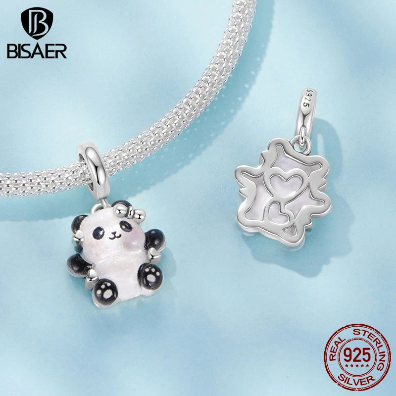 BISAER 925 Sterling Silver Bear Pendant Black Enamel Process Cross Spacer Beads for Women DIY Bracelet & Necklace Fine Jewelry
