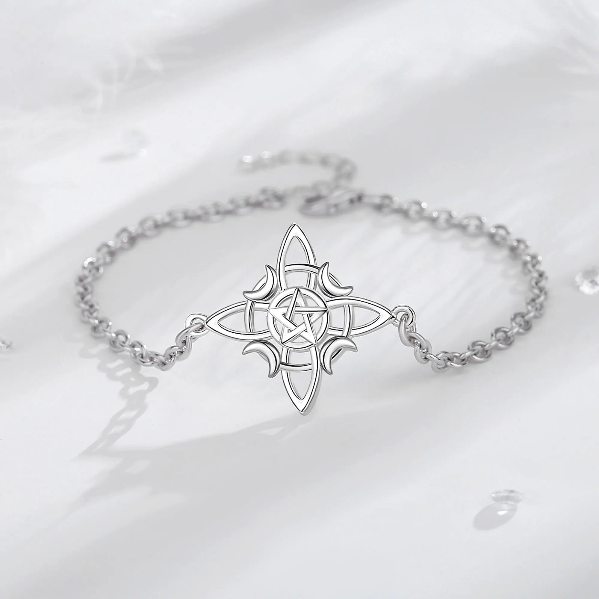 Eudora 925 Sterling Silber Hexenknoten Schmuckset Mond Wicca Amulett Halskette Armband Ohrringe &amp; Ring Feines Geschenk für Frauen