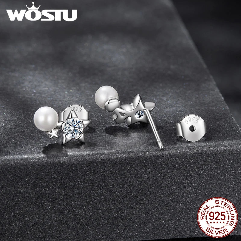 WOSTU 0.4 CT moissanite Star Stud Earrings For Women , 925 Sterling Silver Pearl Moissanite Stacking Studs Earring Xmas Gift