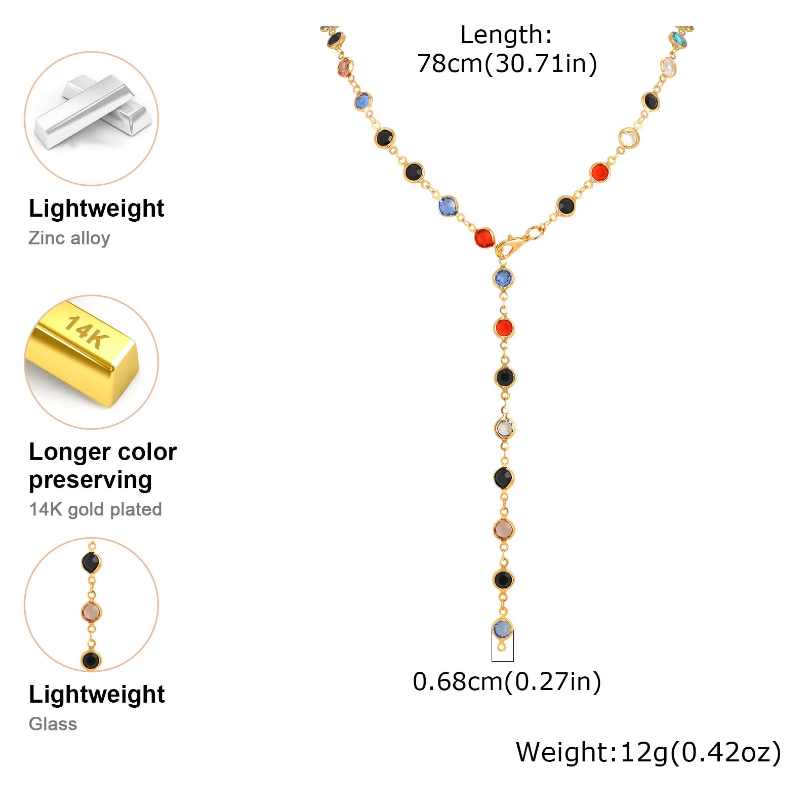 Vnox Dainty Colorful Glass Long Y-shaped Necklace For Women Round Heart Accessories Chain Necklace Neck Jewelry Trendy Style