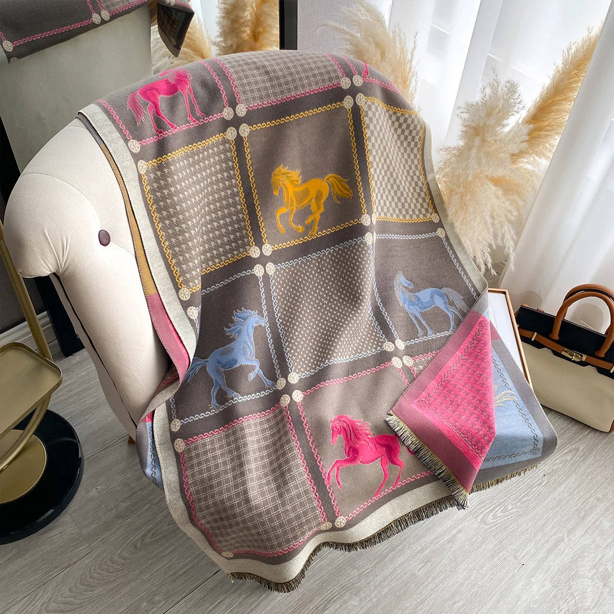 New Women Imitation Cashmere Two Sided Horse Print Scarf Soft Warm Pashmina Shawl Autumn Winter Coldproof Windproof Blanket