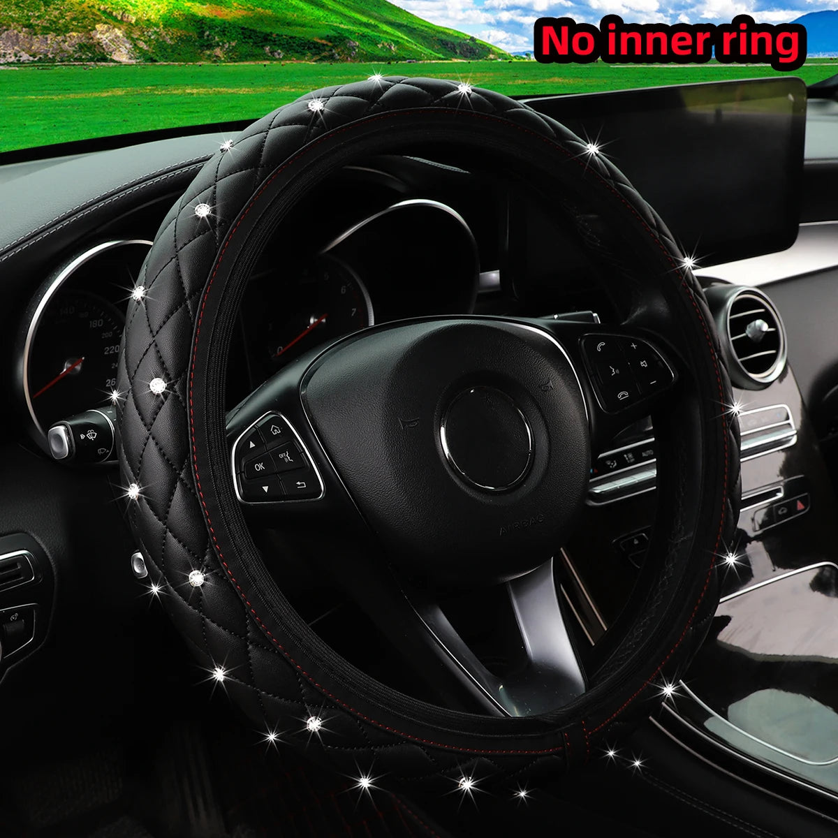 1 PU leather embroidered stereo diamond-encrusted Blingbling car steering wheel cover for 14.5-15 inch automotive supplies - Madeinsea©
