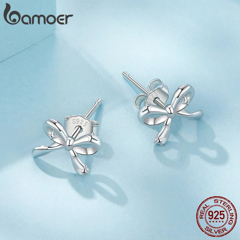 BAMOER Solid 925 Sterling Silver Bow Stud Earrings for Women Teens, White Gold Plated Small Ribbon Bowknot Stud Earrings SCE1838