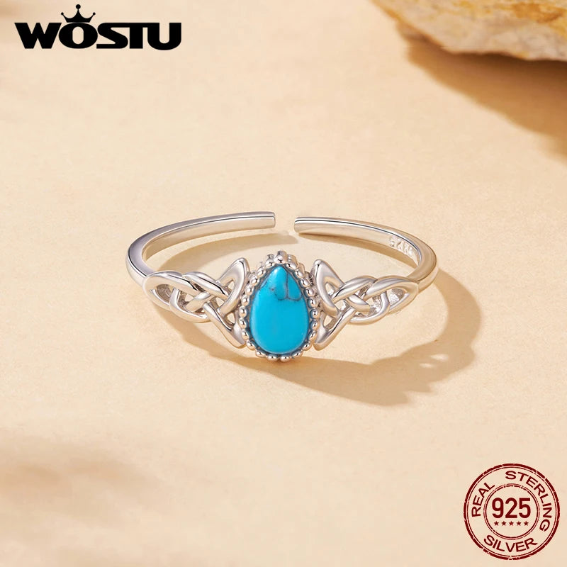 WOSTU Damenring aus 925er Sterlingsilber mit keltischem Knotenmuster und Türkis, langlebiger, verstellbarer Solitärring, perfektes Geschenk für Sie