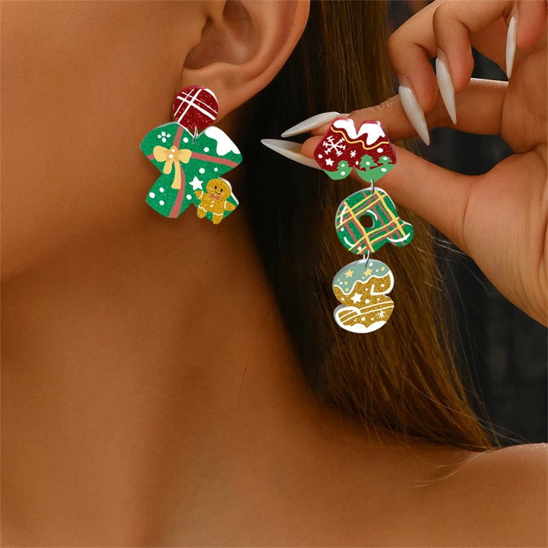 Christmas Gingerbread Man Santa Claus Asymmetrical Dangle Earring for Women Cute Xmas Hat Dog Kitten Acrylic Earrings Jewelry