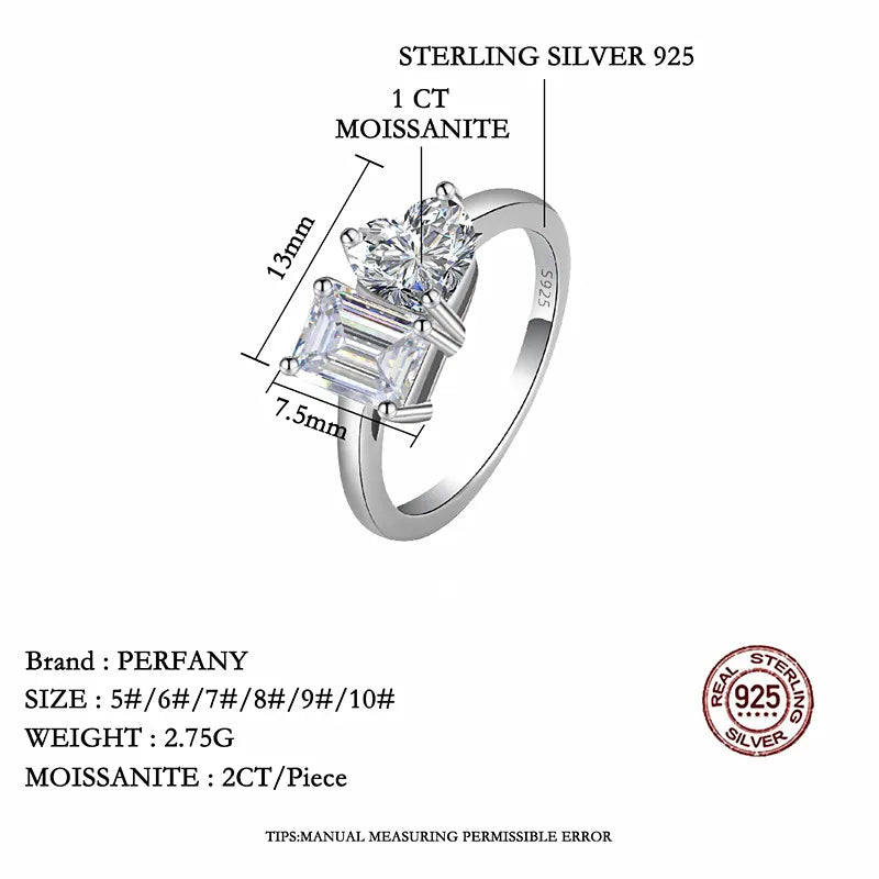 PERFANY 2CT Heart-Shaped Moissanite Women's Ring S925 Pure Silver Emerald/Radiation Cutting Laboratory Diamond Wedding Jewelry - Madeinsea©