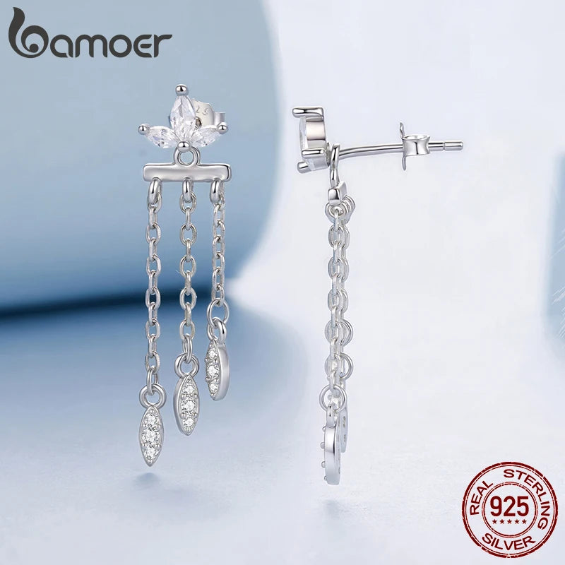 Boucles d'oreilles BAMOER en argent sterling 925 avec pompon et fleur, à plusieurs rangs, fermoir à maillons avant et arrière, pour femmes et adolescentes. Bijou élégant à offrir.