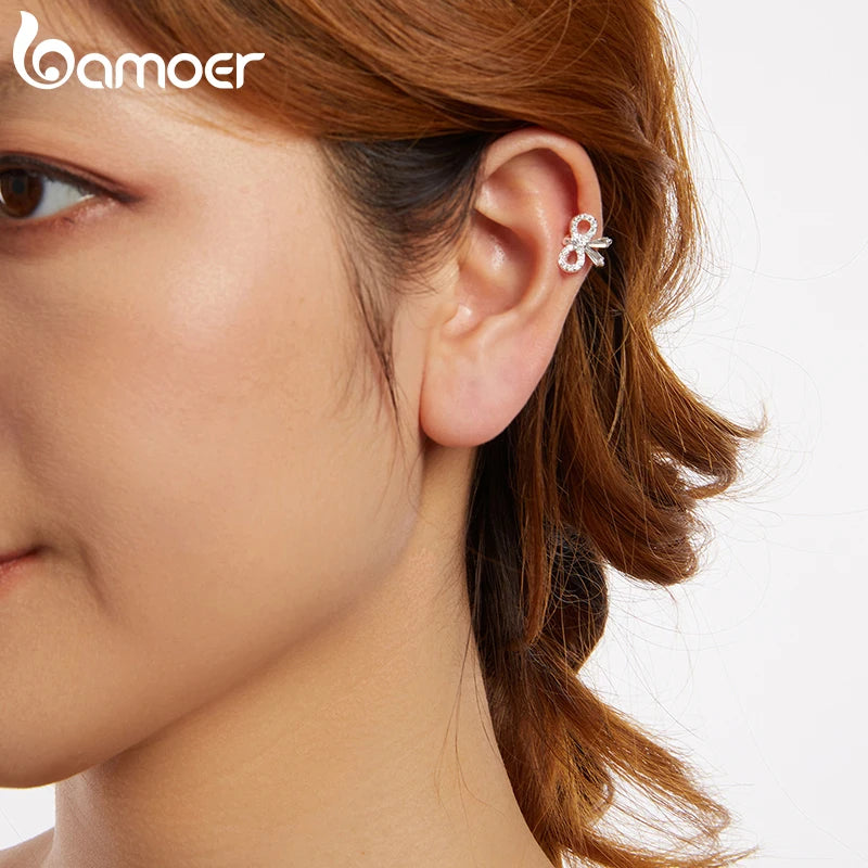 BAMOER Mono 925 Sterling Silver Bowknot Ear Cuff for Women Teen Girls Statement Elegant Ear Clip 1PCS