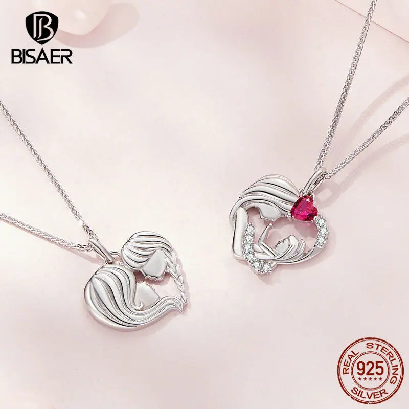 BISAER 925 Sterling Silver Mother & Child Pendant Necklaces Heart Charm Adjustable Chain For Women Mother's Day Birthday Jewelry
