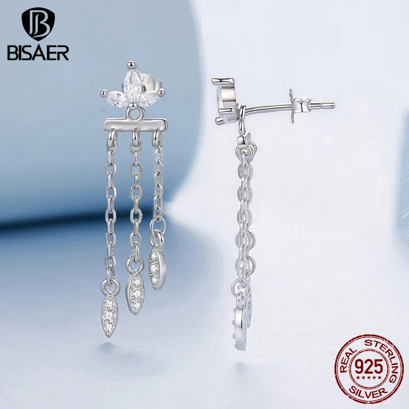 BISAER 925 Sterling Silver Flower Tassel Front-Back Stud Earrings  Hypoallergenic Plated White Gold for Women Party Fine Jewelry