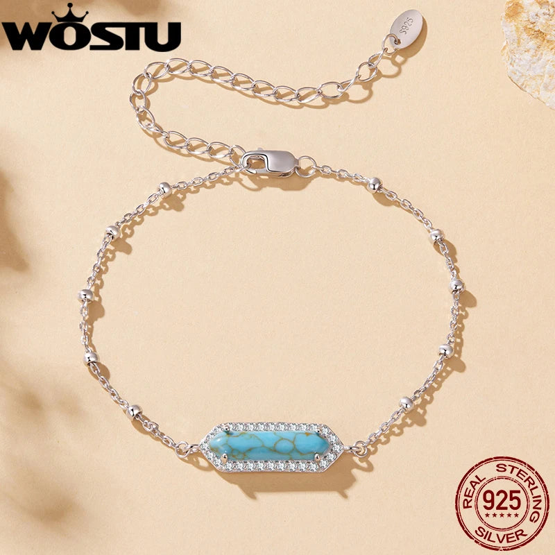 WOSTU Real 925 Sterling Silver Minimalist Rectangle Turquoise Bracelet For Women, Geometric Party Bracelet Fine Jewelry Gift