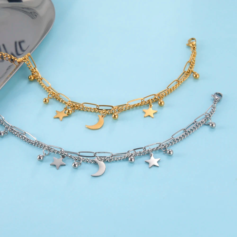 Star Moon Pendant Double Chain Bracelets Women's Stainless Steel Bracelets Trendy Jewelry for Lover Anniversary Gifts