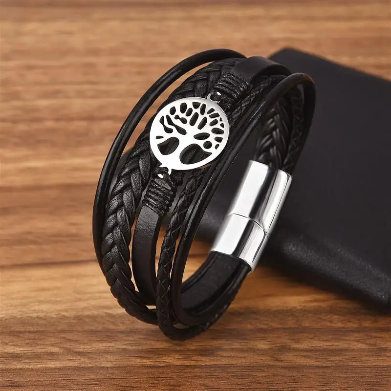 New Fashion Lift Tree Charm Leather Bracelets Men Stainless Steel Magnet Clasp Hand Bracelet Homme Men's Gifts