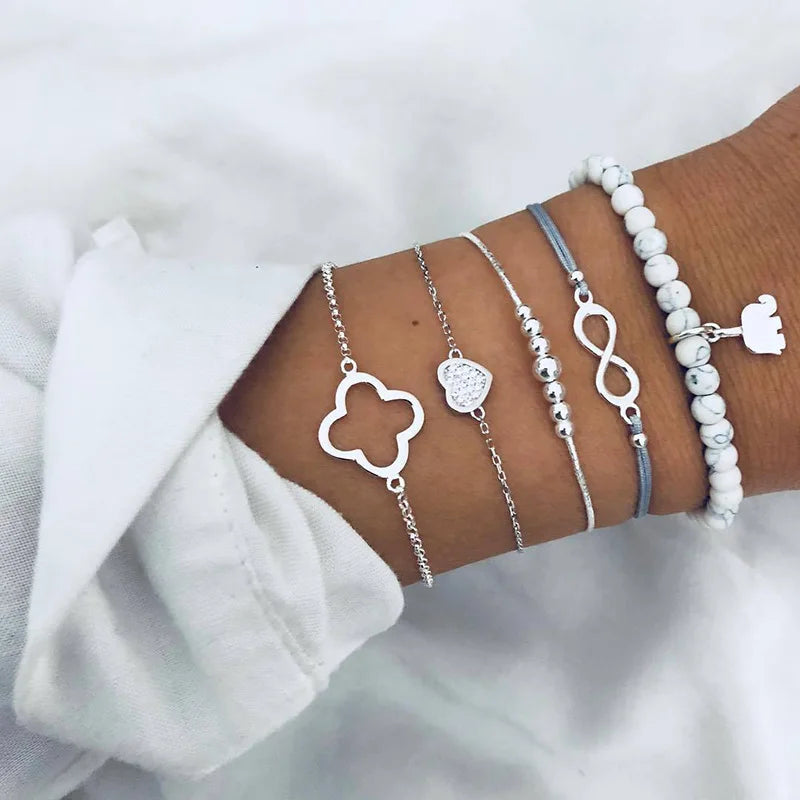 Trendy Geometric Link Chain Bracelet Set For Women Rhinestones Gold Color Leaves Heart Pendant Open Cuff Bangle Girls Jewelry - Madeinsea©