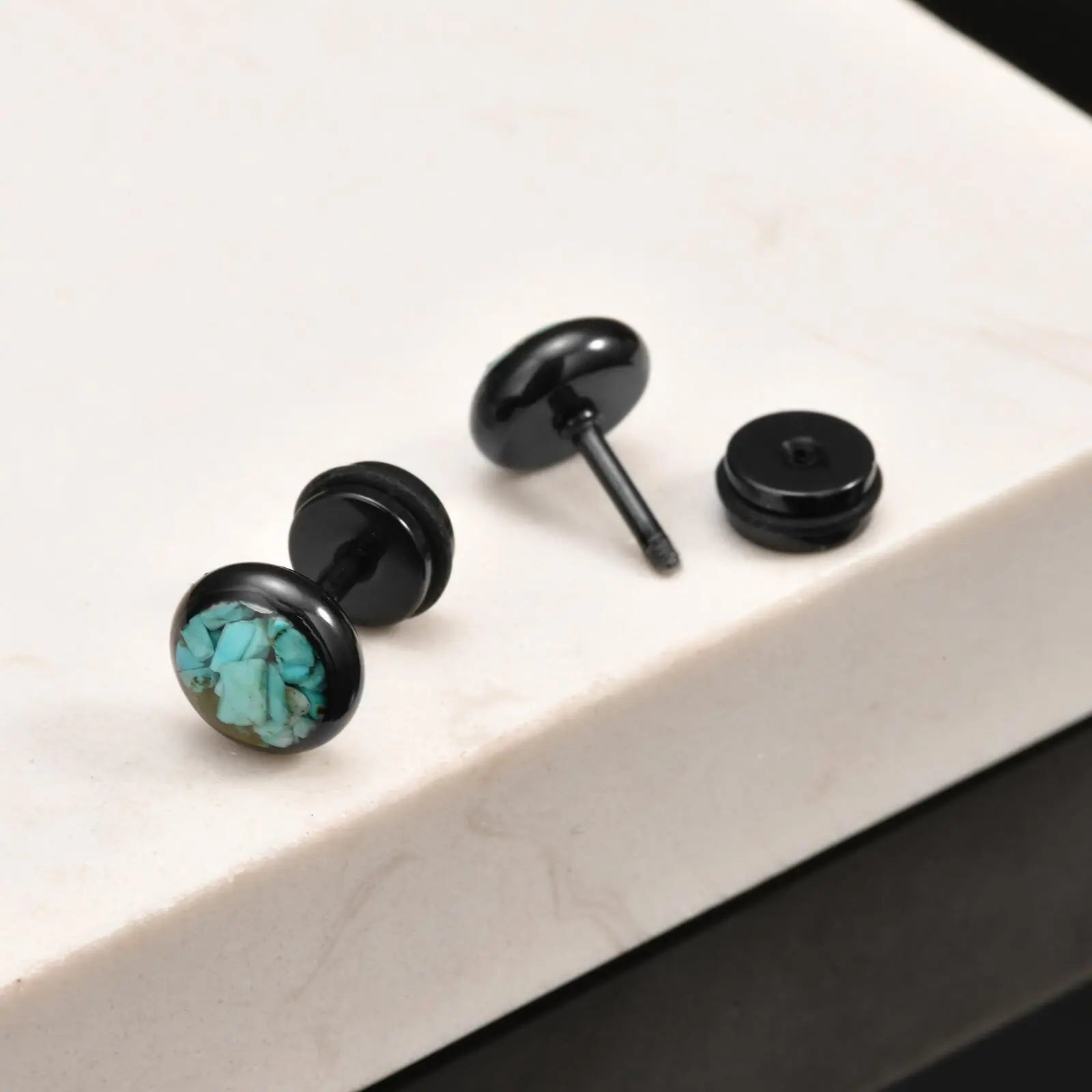 Vnox Irregular Turquoise Stones Stud Earrings for Women Men, Clear Enamel Round Small Earrings,Stainless Steel Ear Jewelry