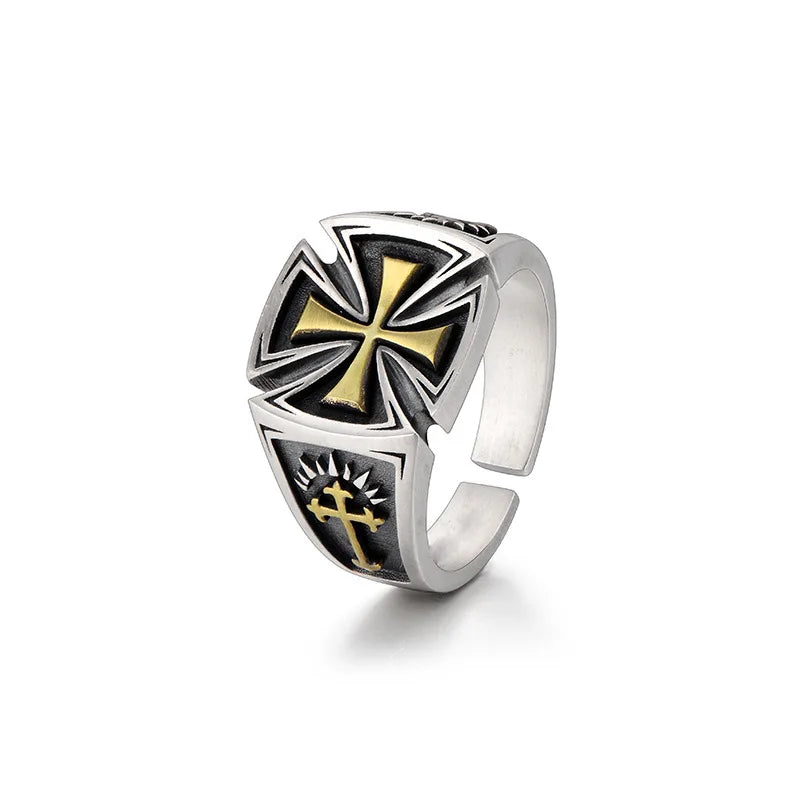 Bague Croix de Guerre rétro pour homme, accessoire croix, couleur argent, style punk gothique, bague ouverte ajustable, bijou unisexe fait main