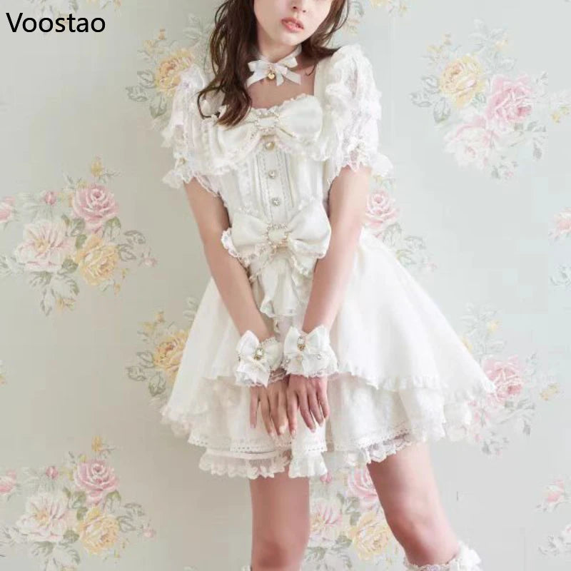 Japanese Sweet Lolita Rhinestone Bow Dress Kawaii Women Y2k Puff Sleeve Button Lace Ruffles Dress Harajuku Cute Party Cake Dress