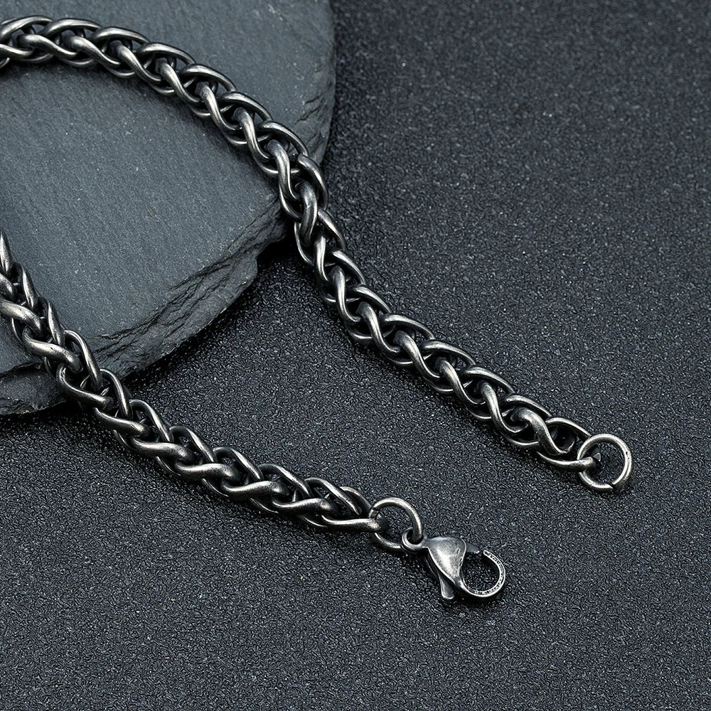 MKENDN Thickness 2/3/4/5/6mm Vintage Oxidized Black Wheat Braided Stainless Steel Bracelet Classic Curb Link Chain for Men Women