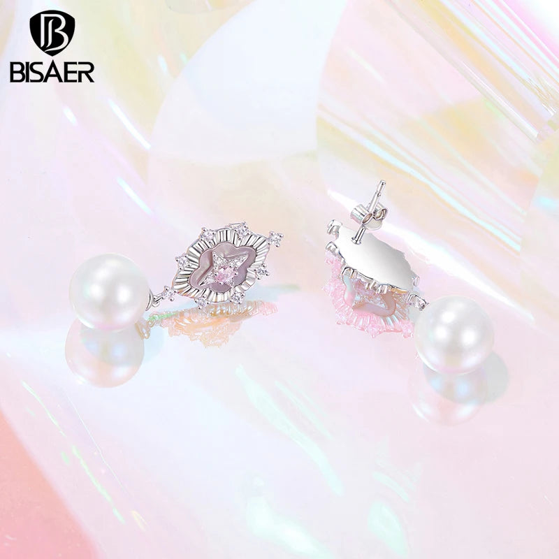 BISAER Starlight Pink Shell Stud Earrings Star Zircon Stud Ear Plated White Gold For Woman Party Engagement Fashion Jewelry